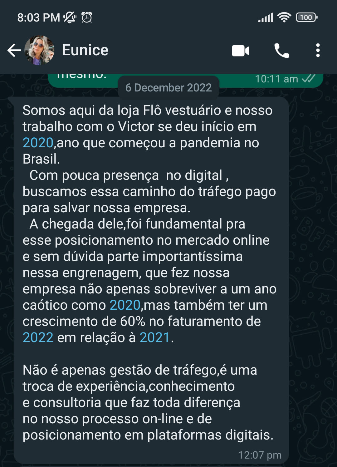 Print de conversa no WhatsApp com Eunice, criadora da Flô Vestuário, relatando crescimento de 60% no faturamento